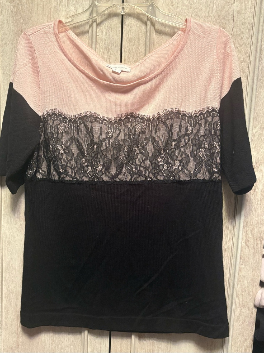 New York & Company Pink and Black Short Sleeve Lace Panel Top